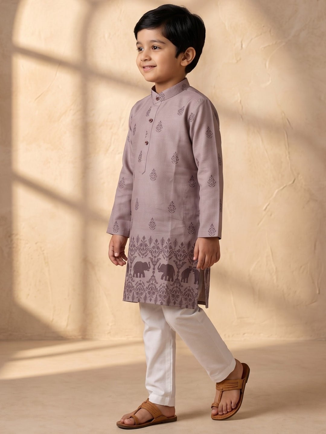 Mauve Elephant Printed Cotton Blend Kurta Pyjama Set For Boys