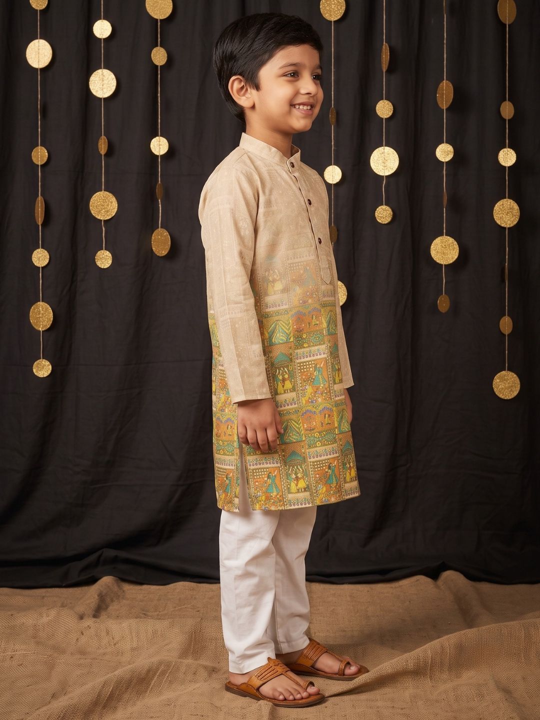Yellow Ethnic Print Cotton Blend Kurta Pyjama Set For Boys