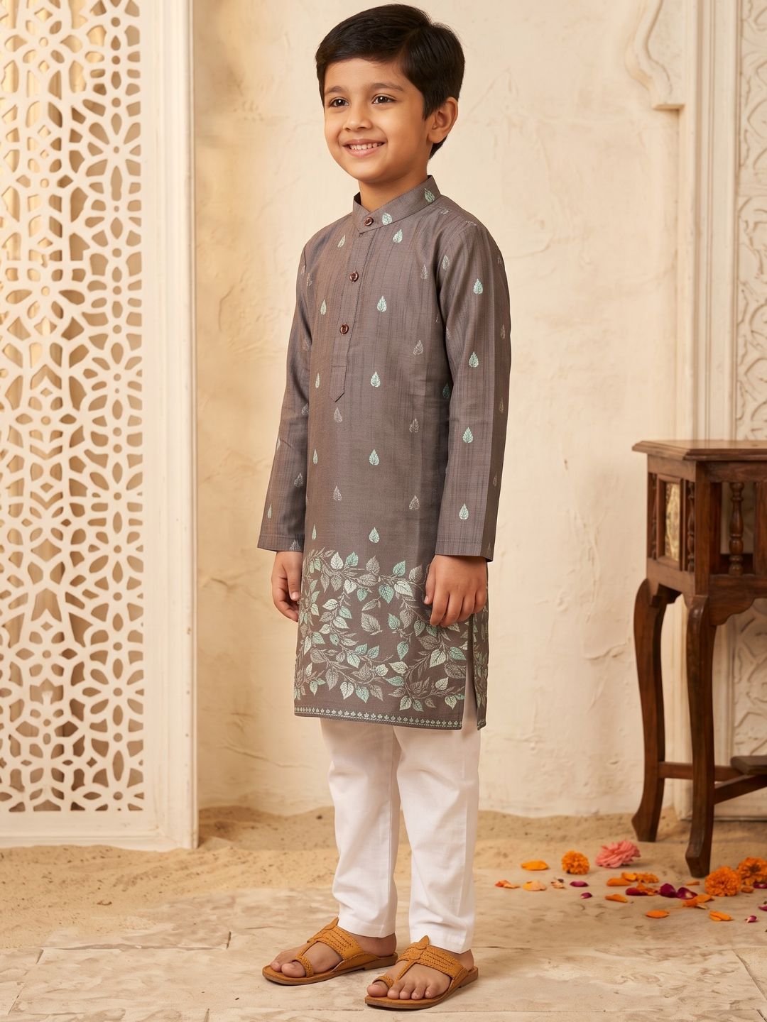 Brown Leaf Print Cotton Blend Kurta Pyjama Set For Boys