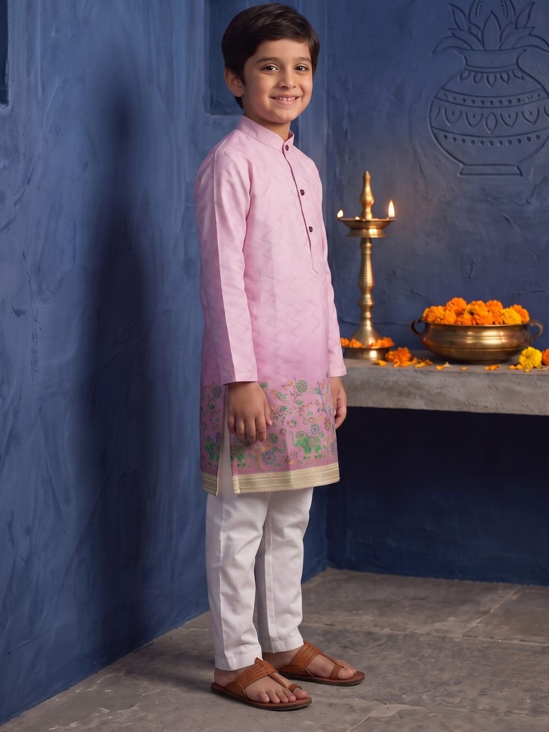 Pink Elephant Printed Cotton Blend Kurta Pyjama Set For Boys