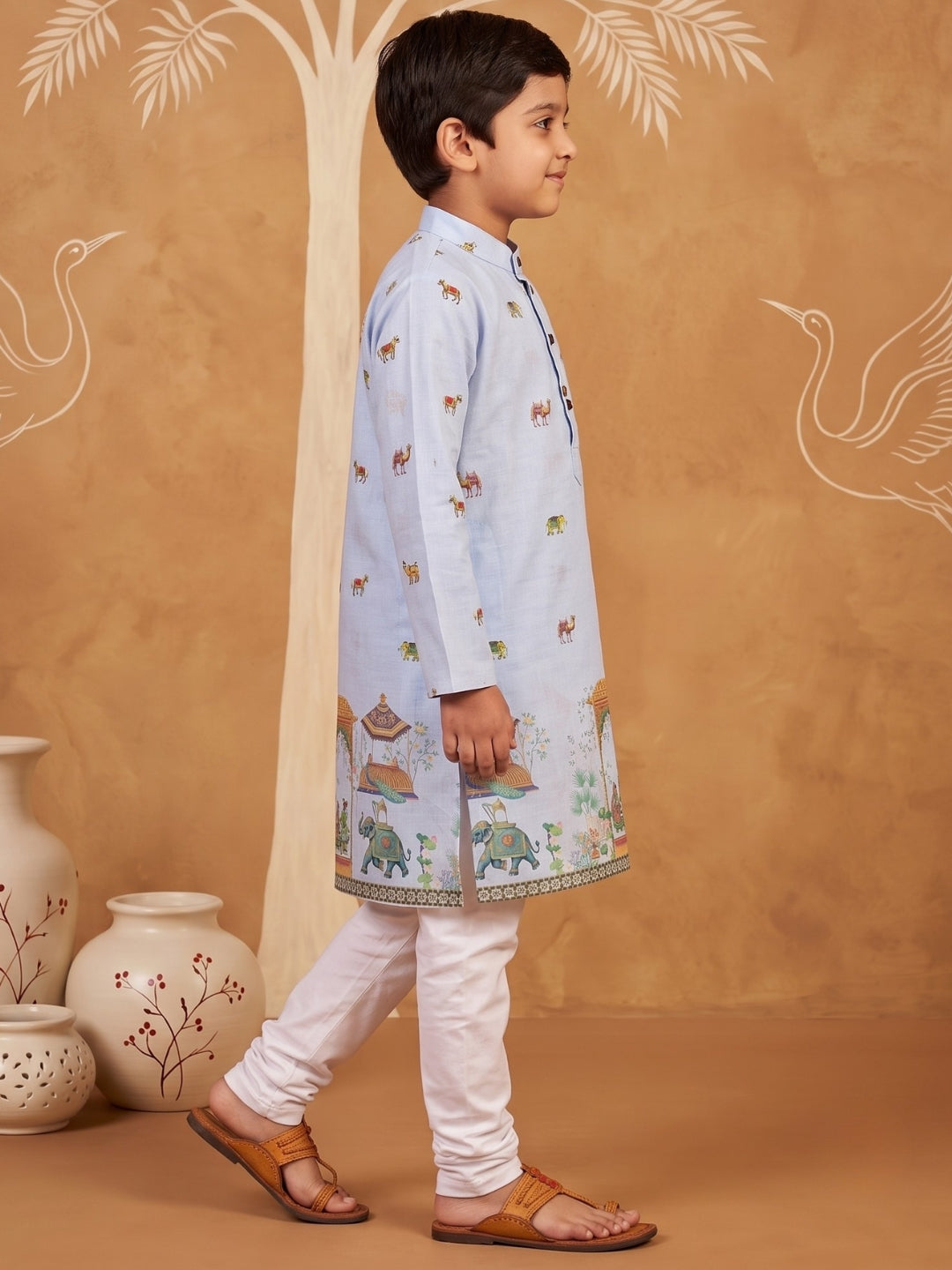 Blue Elephant & Traditional Ethnic Print Cotton Blend Kurta Pyjama Set For Boys