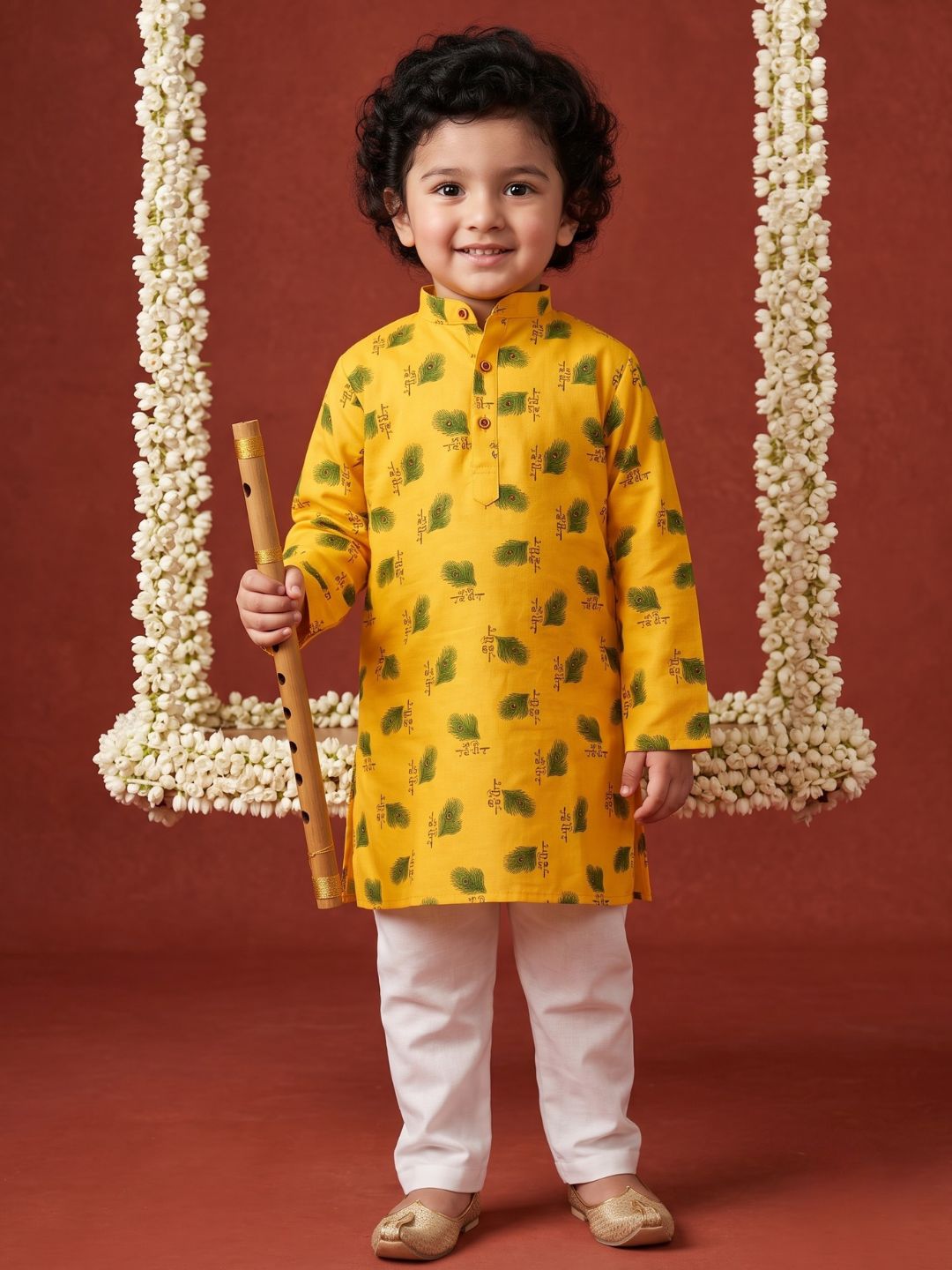 Yellow Cotton Full sleeves Krishna Mor Pankh Printed Kurta Pyjama Set