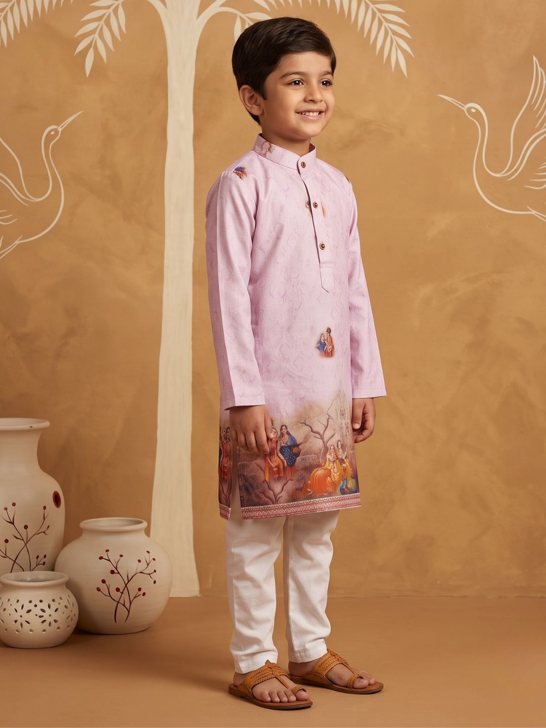 Pink Mythological Print Cotton Blend Kurta Pyjama Set For Boys