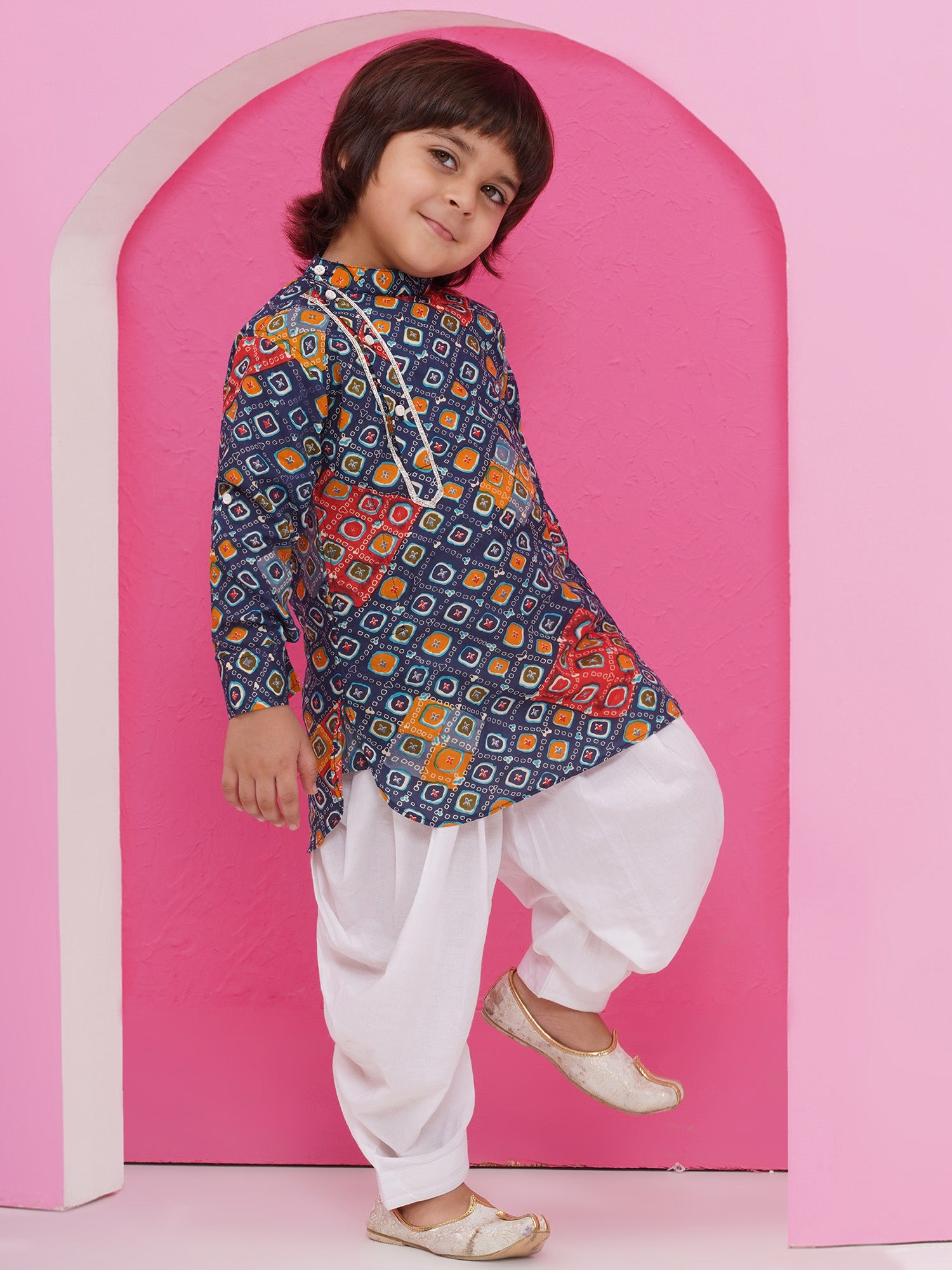 Dark Blue Cotton Full Sleeves Printed Kurta Pyjama Set For Boys - AJ Dezines