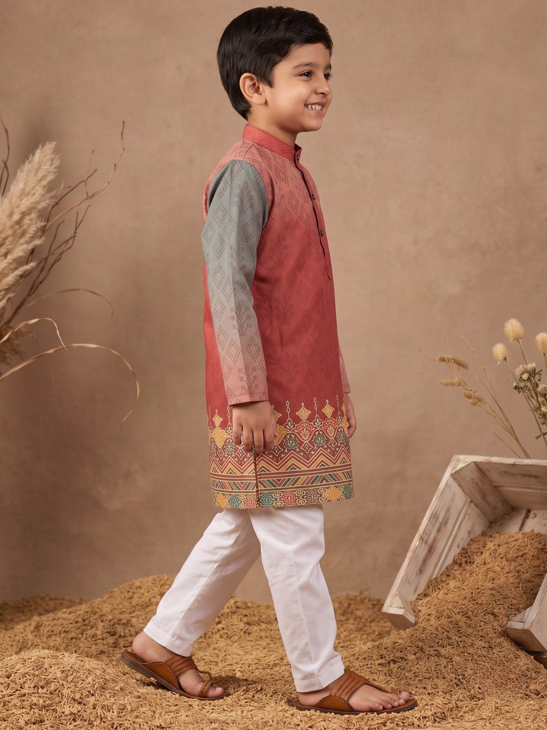 Red Ethnic Print Cotton Blend Kurta Pyjama Set For Boys