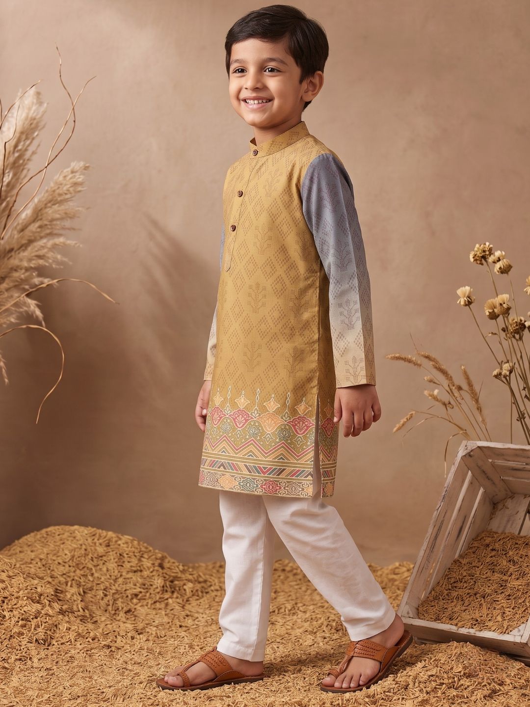 Mustard Ethnic Print Cotton Blend Kurta Pyjama Set For Boys