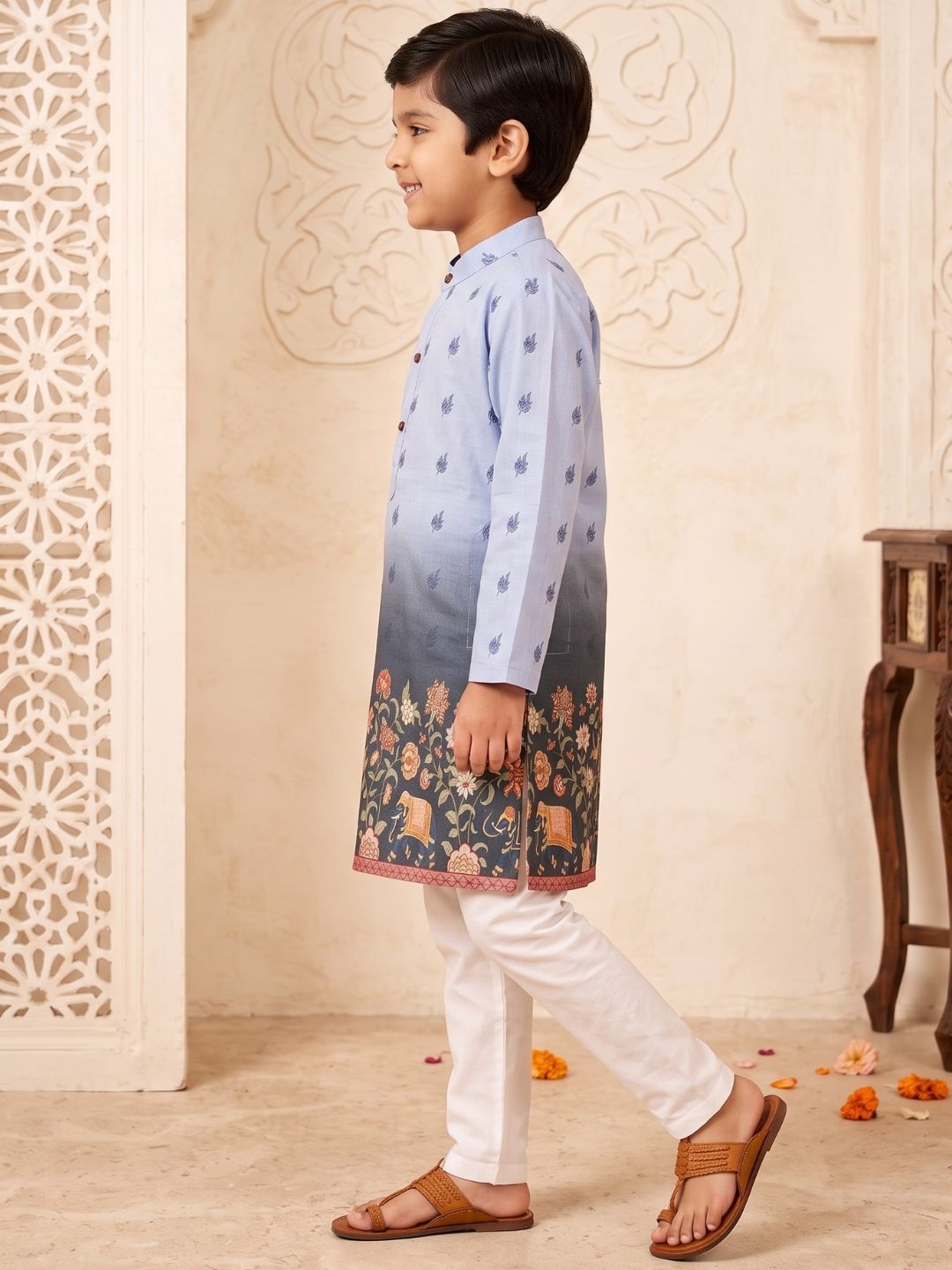 Blue Floral Elephant Printed Cotton Blend Kurta Pyjama Set For Boys
