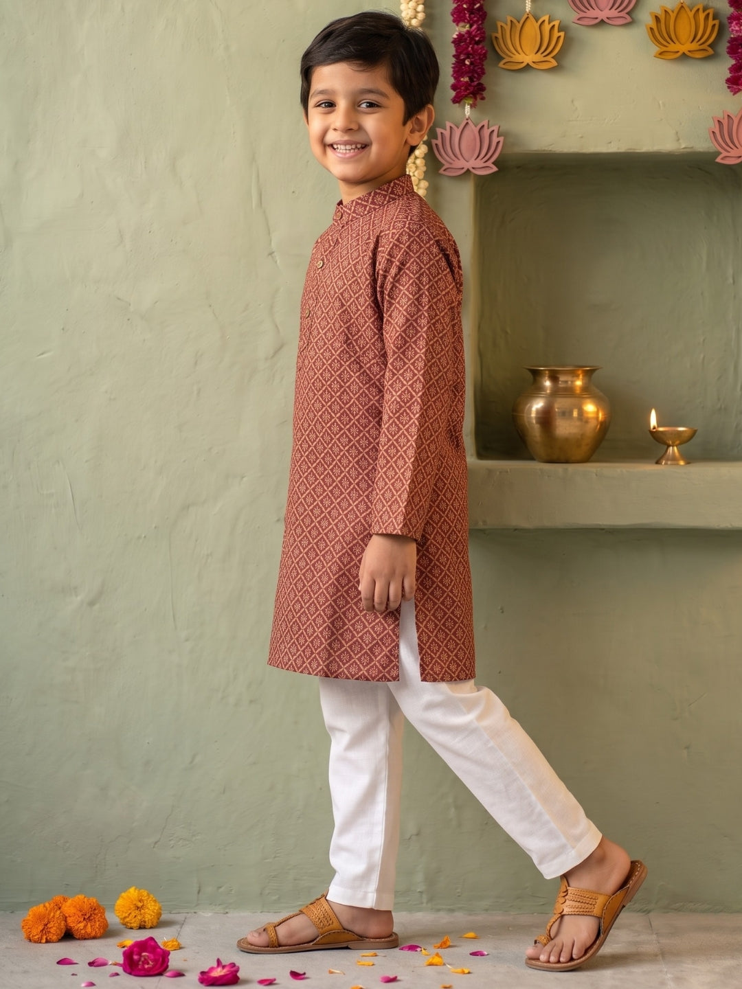 Red Floral Geometric Print Cotton Blend Kurta Pyjama Set For Boys