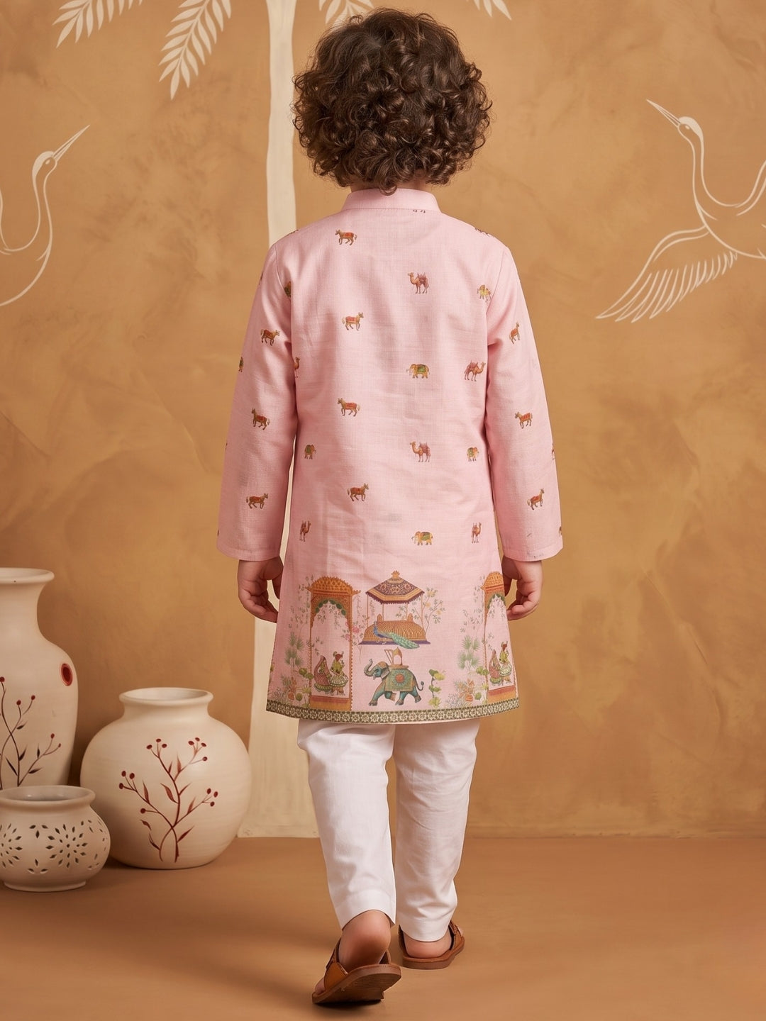 Pink Elephant & Traditional Ethnic Print Cotton Blend Kurta Pyjama Set For Boys