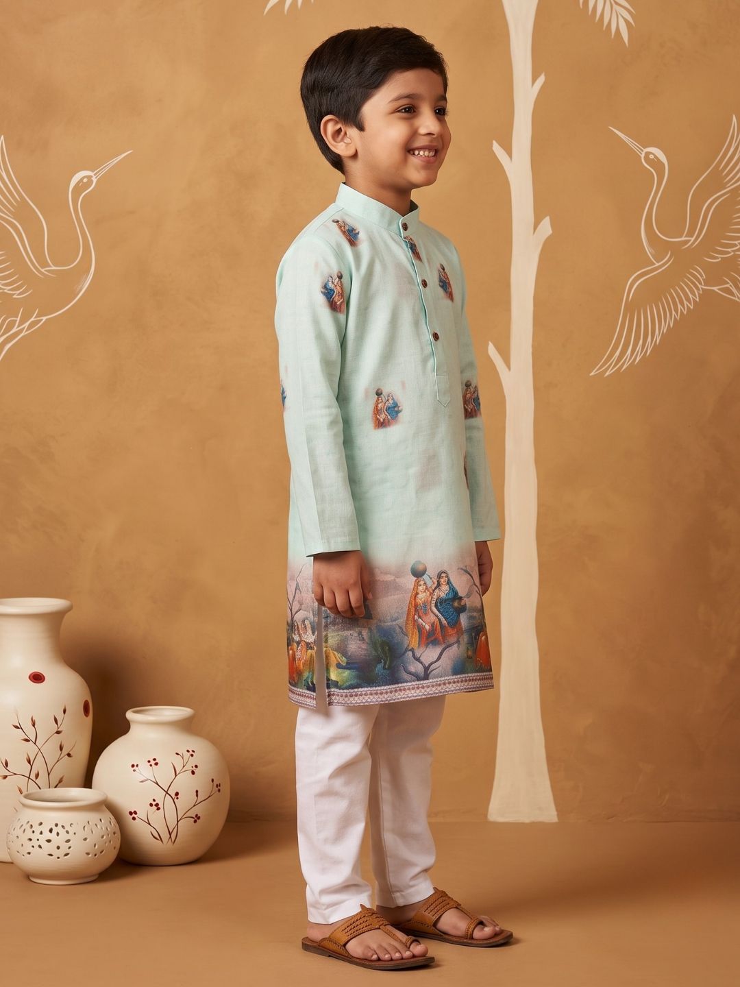 Green Mythological Print Cotton Blend Kurta Pyjama Set For Boys