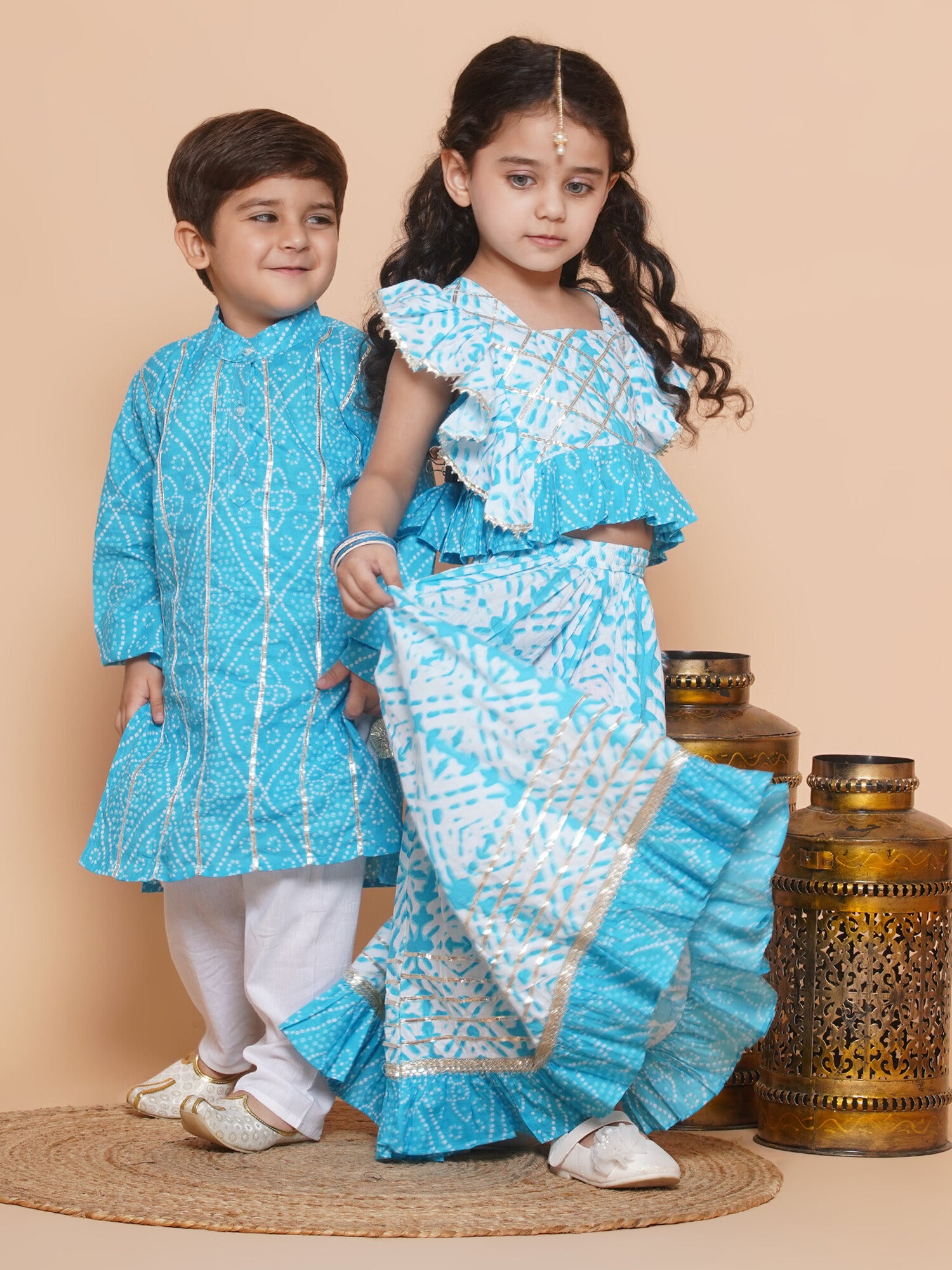Boys Bandhani Pure Cotton Kurta Pyjamas and Girls Lehenga Sibling sets-Blue - AJ Dezines
