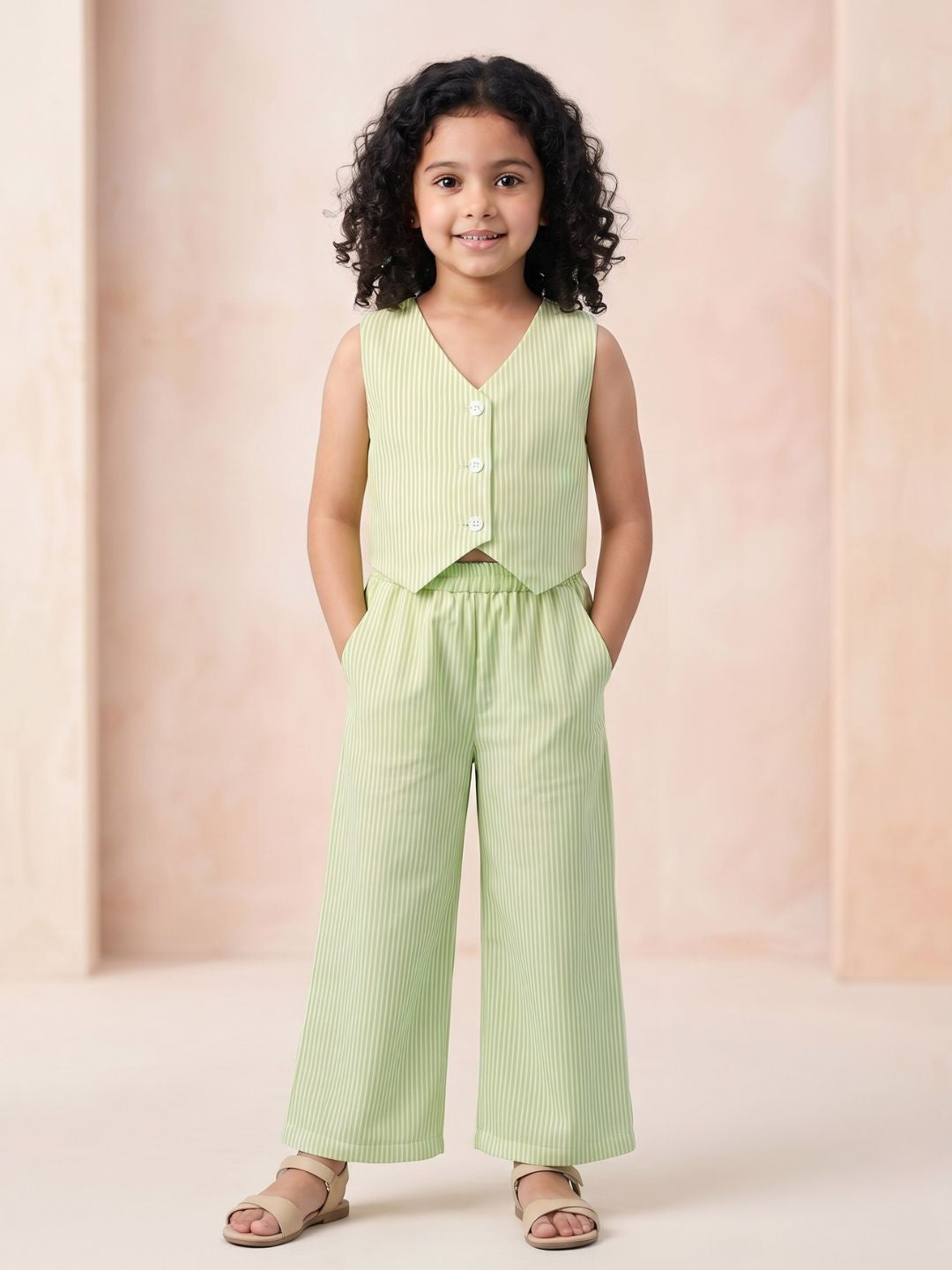 Green Stripes Cotton Co-Ords For Girls