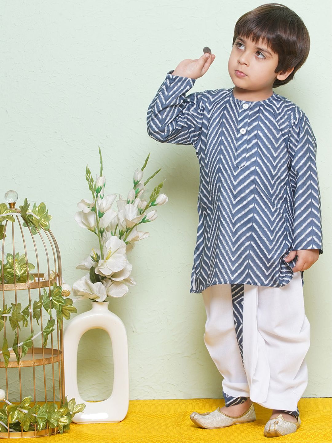 Kids Boys Blue Zig Zag Pure Cotton Dhoti Set - AJ Dezines