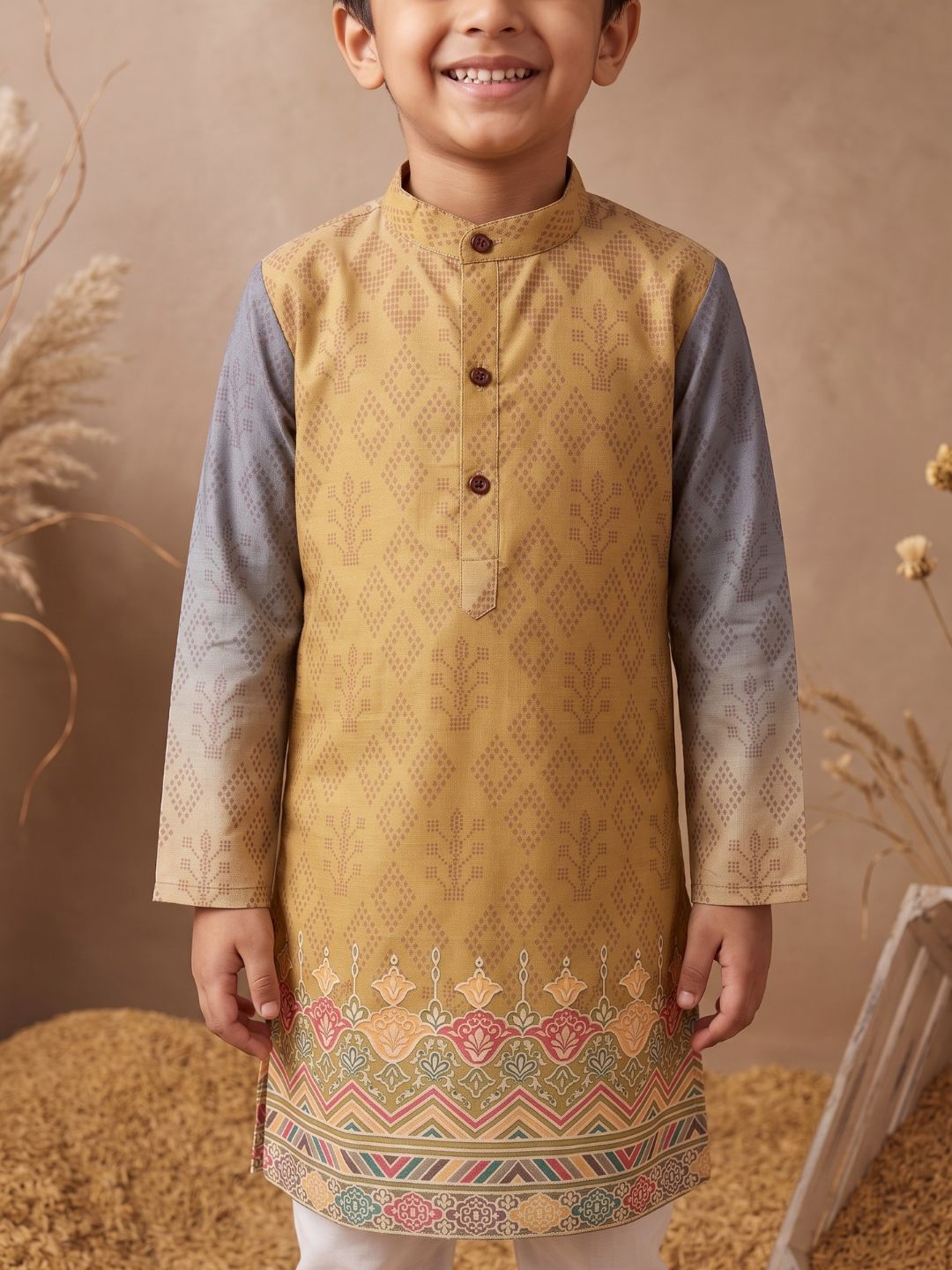 Mustard Ethnic Print Cotton Blend Kurta Pyjama Set For Boys