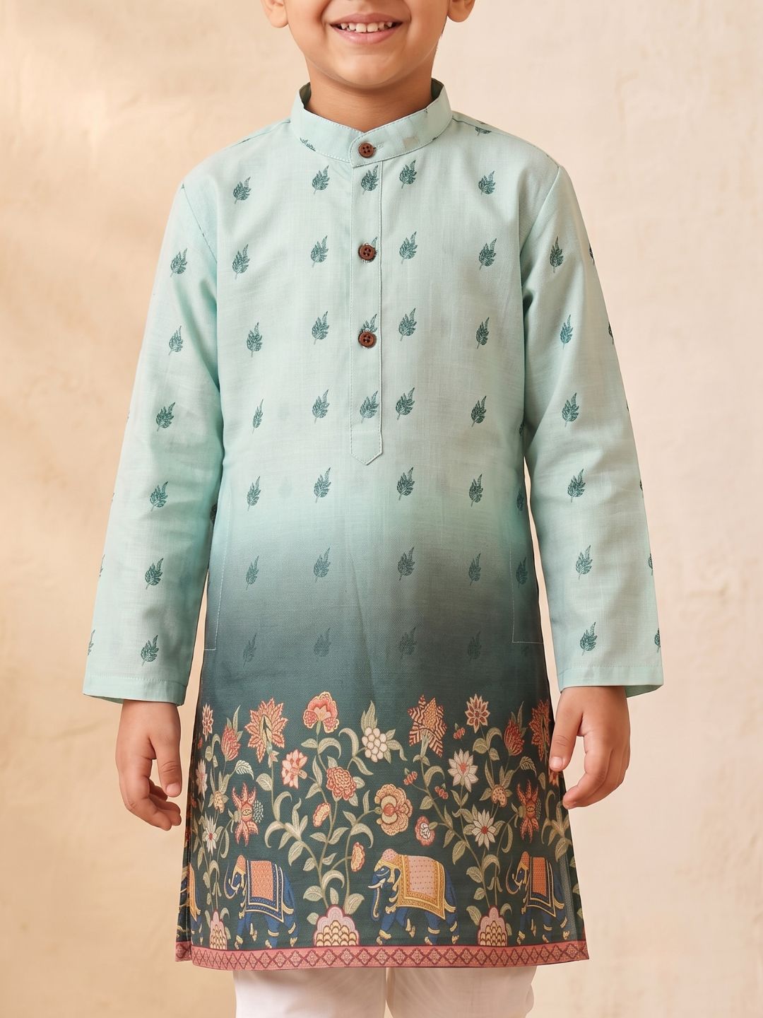 Green Floral Elephant Printed Cotton Blend Kurta Pyjama Set For Boys