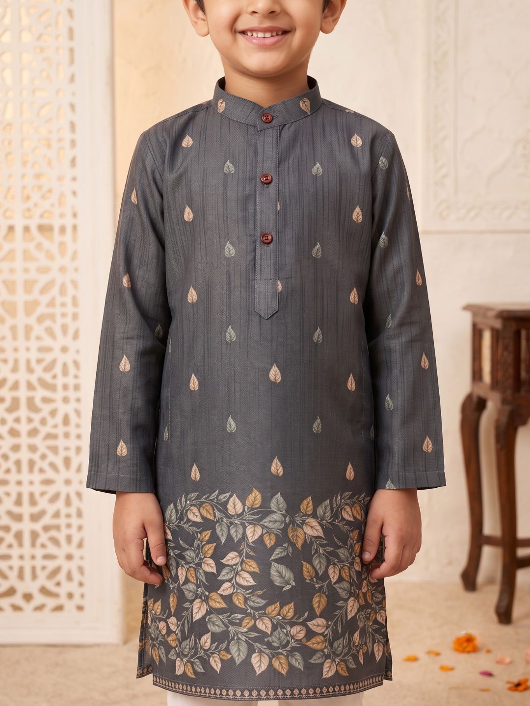 Grey Leaf Print Cotton Blend Kurta Pyjama Set For Boys