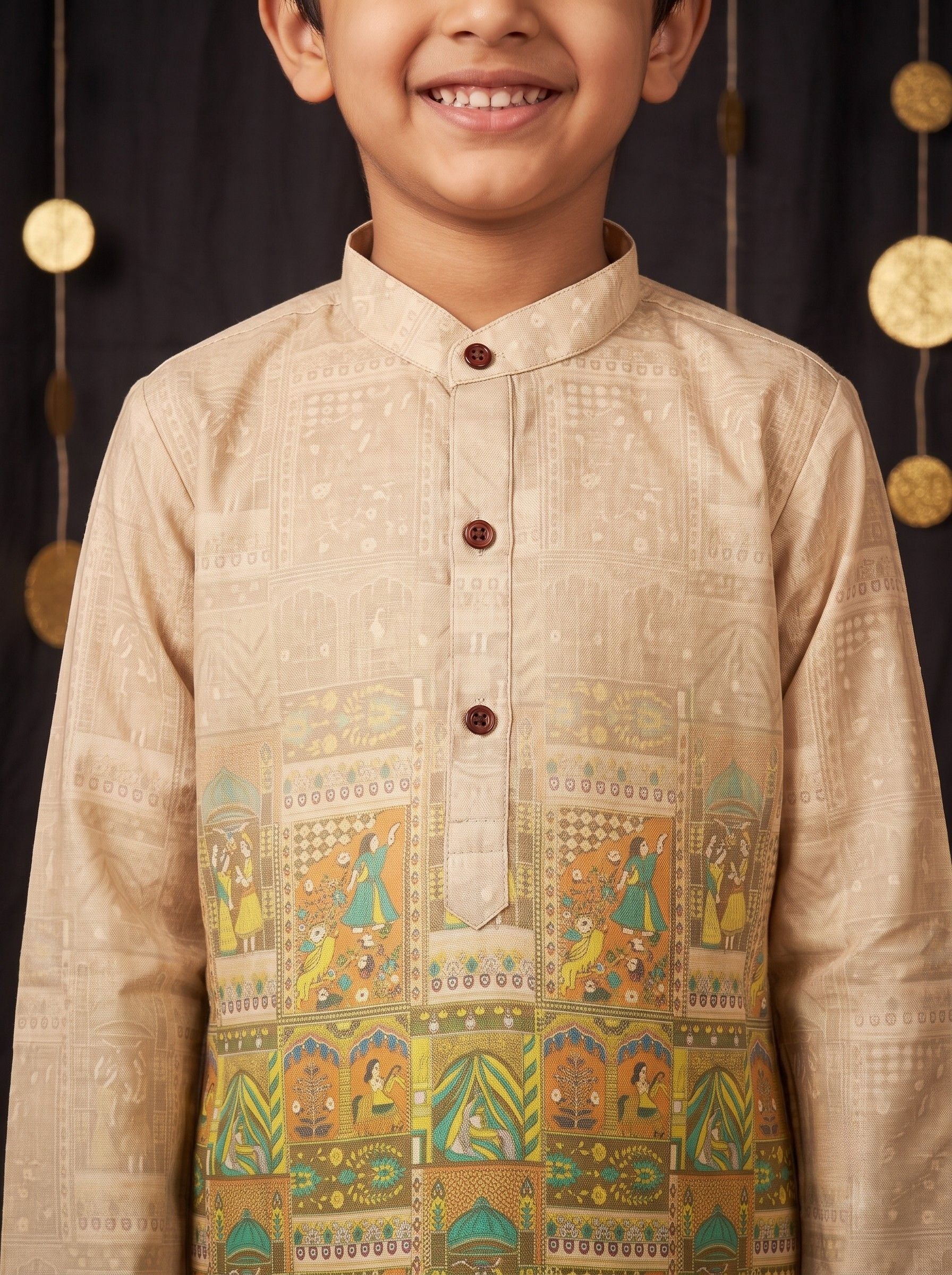 Yellow Ethnic Print Cotton Blend Kurta Pyjama Set For Boys