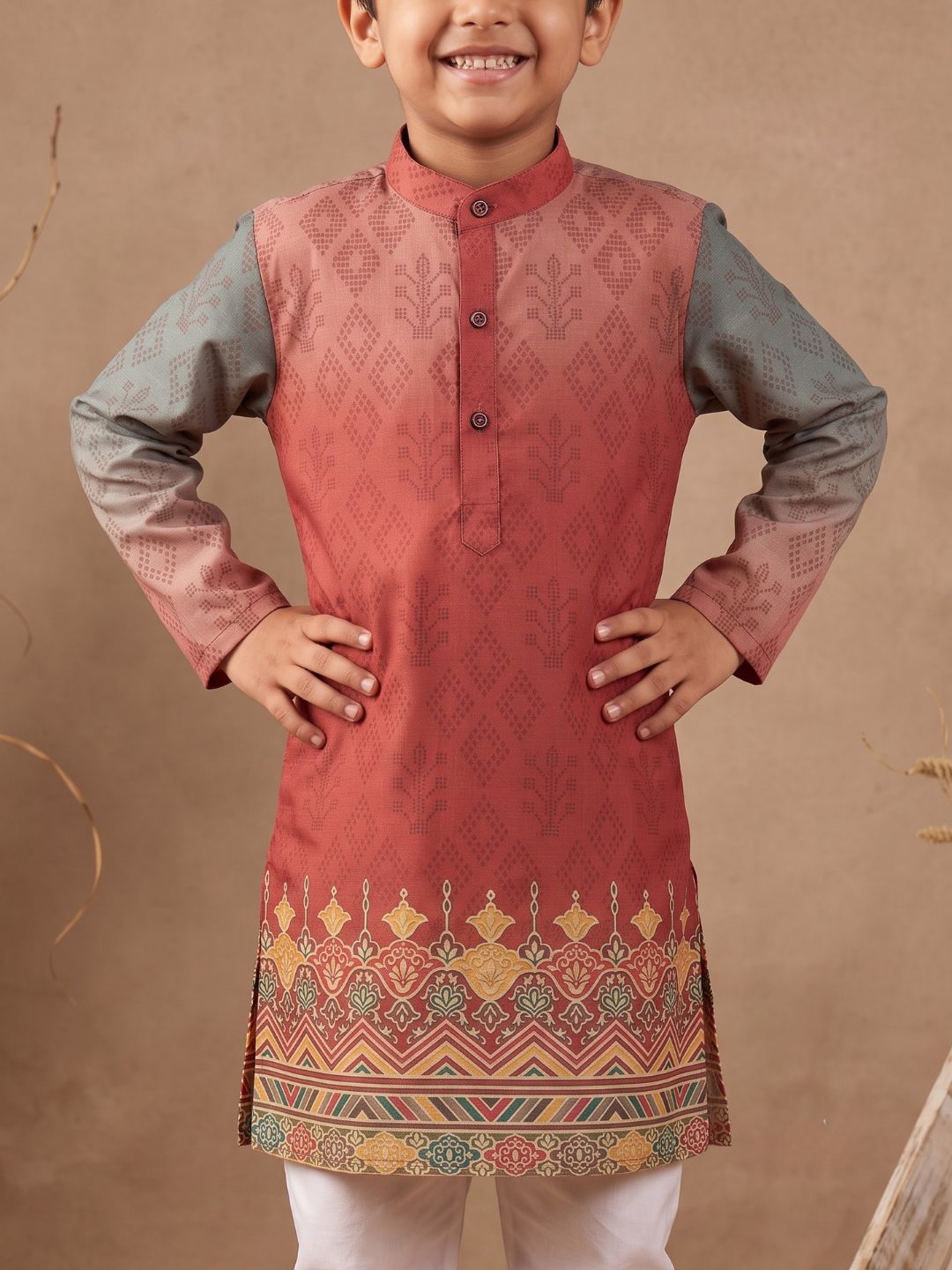 Red Ethnic Print Cotton Blend Kurta Pyjama Set For Boys