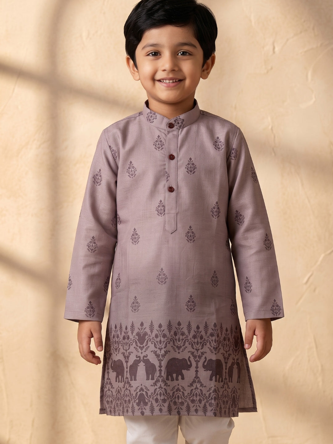 Mauve Elephant Printed Cotton Blend Kurta Pyjama Set For Boys