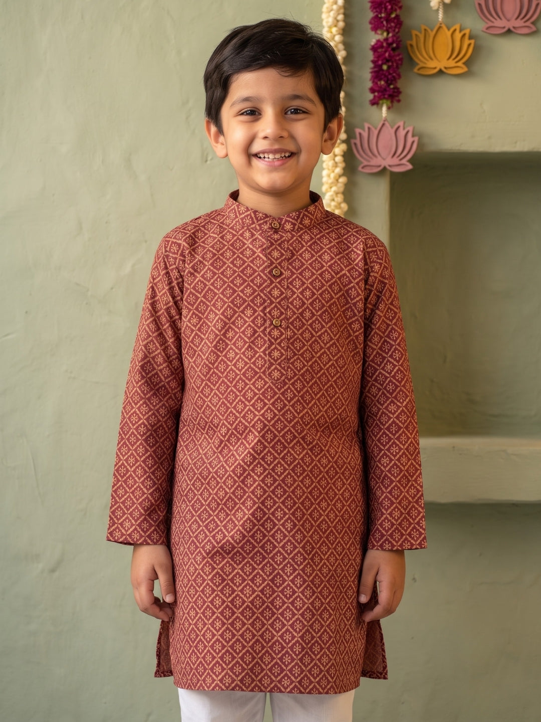 Red Floral Geometric Print Cotton Blend Kurta Pyjama Set For Boys