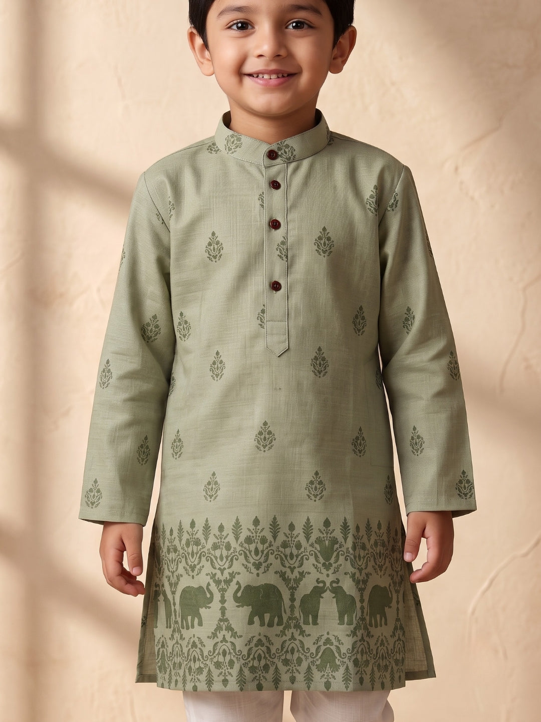 Green Elephant Printed Cotton Blend Kurta Pyjama Set For Boys