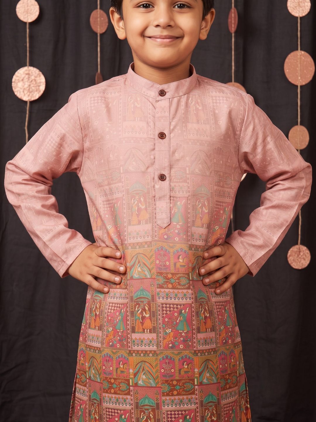 Pink Ethnic Print Cotton Blend Kurta Pyjama Set For Boys