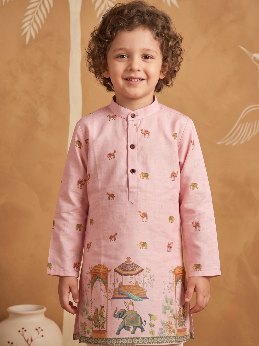 Pink Elephant & Traditional Ethnic Print Cotton Blend Kurta Pyjama Set For Boys