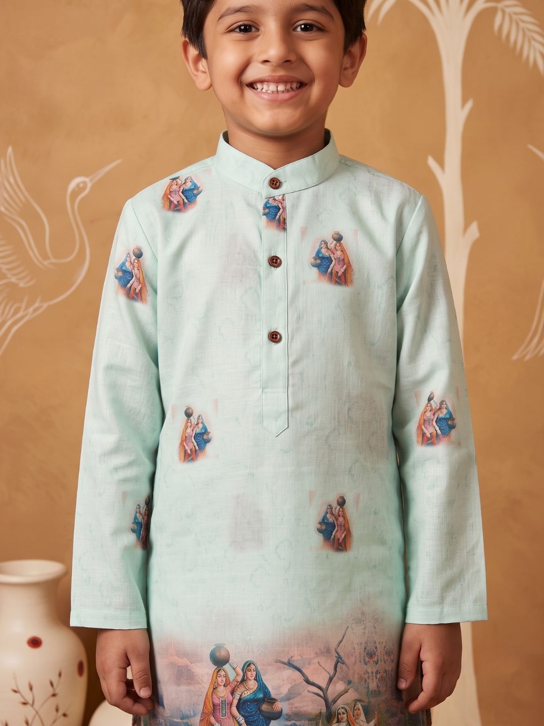 Green Mythological Print Cotton Blend Kurta Pyjama Set For Boys