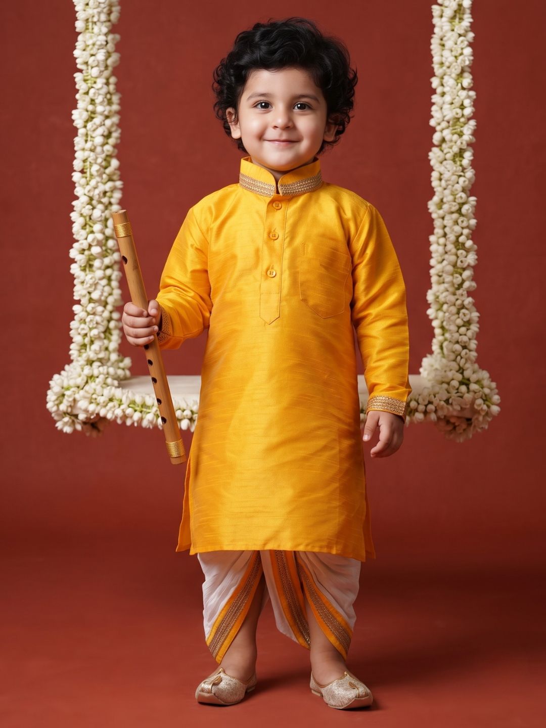 Kids Ethnic Wear Boys Yellow Silk Blend Dhoti Set