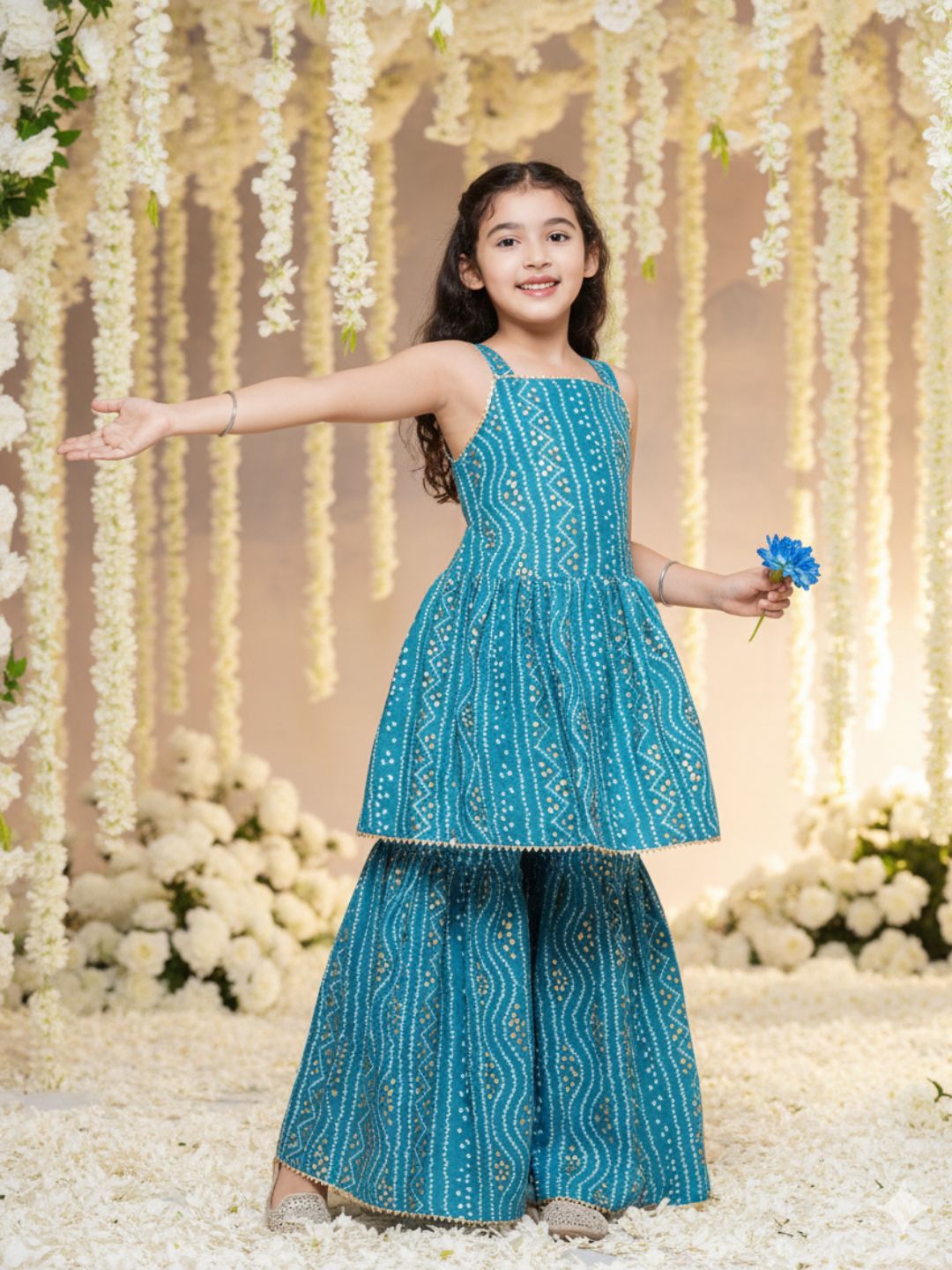 Kids Girls Blue Printed Cotton Sharara - AJ Dezines