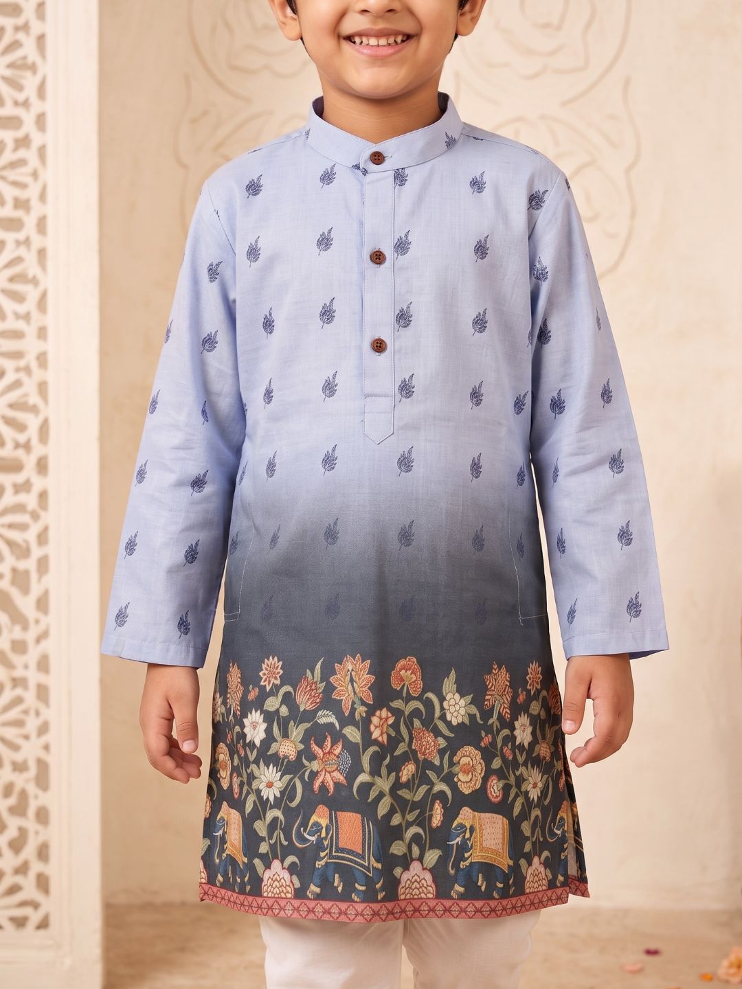 Blue Floral Elephant Printed Cotton Blend Kurta Pyjama Set For Boys