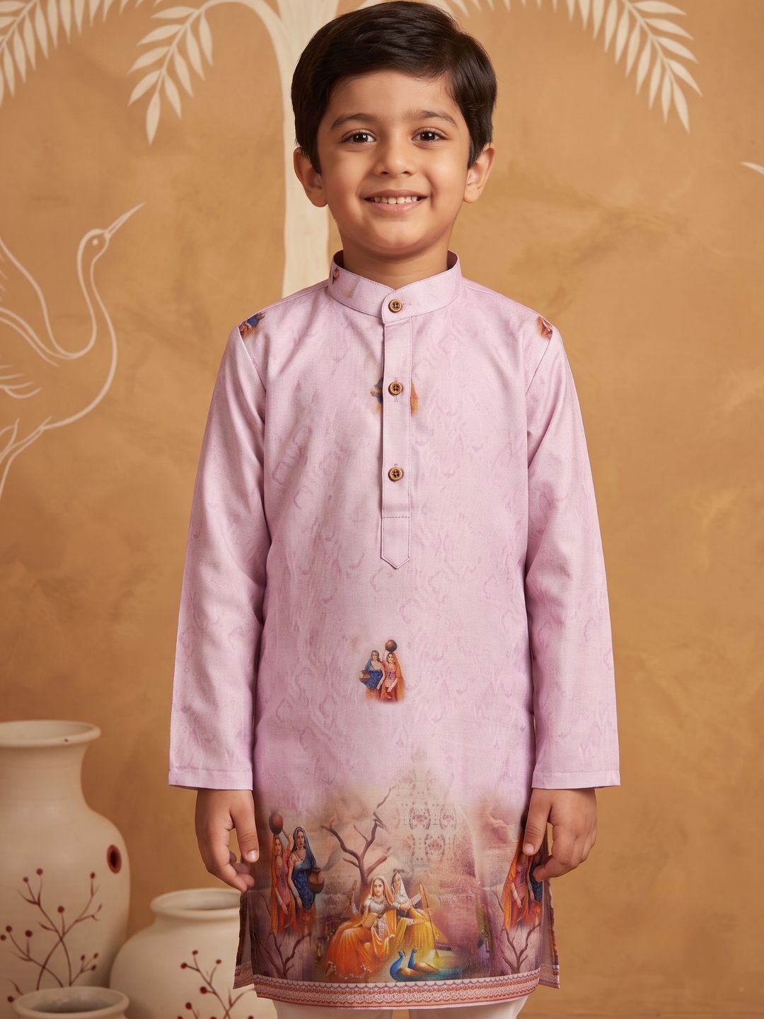 Pink Mythological Print Cotton Blend Kurta Pyjama Set For Boys
