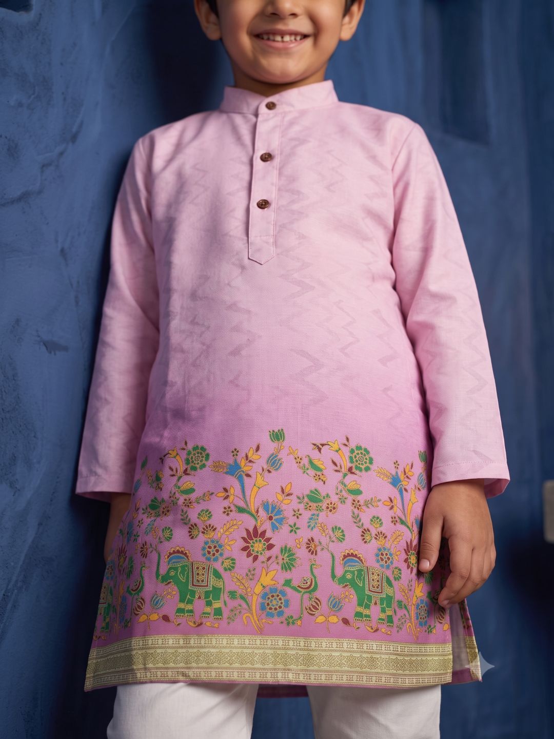 Pink Elephant Printed Cotton Blend Kurta Pyjama Set For Boys
