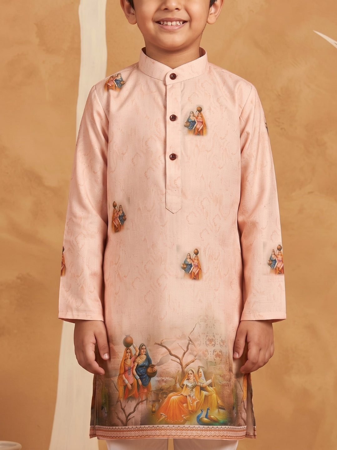 Peach Mythological Print Cotton Blend Kurta Pyjama Set For Boys