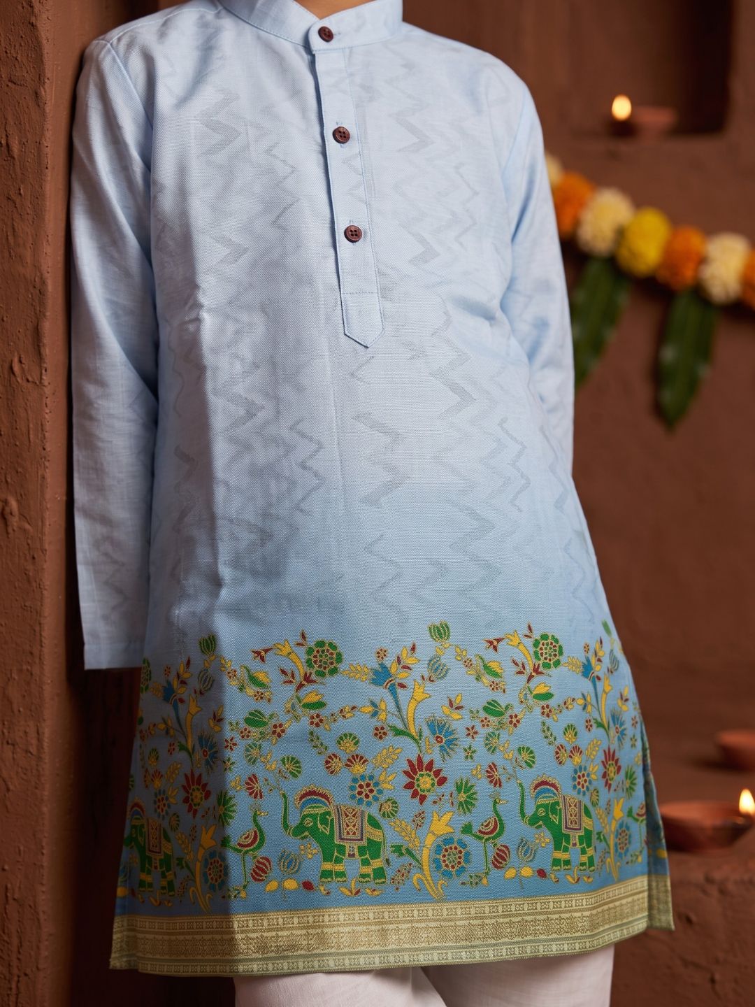 Blue Elephant Printed Cotton Blend Kurta Pyjama Set For Boys