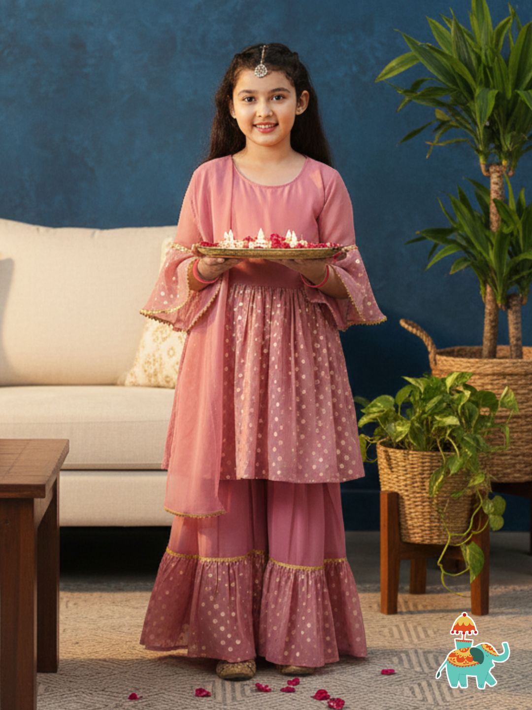 Pink Georgette Three-Fourth Sleeves Motif Print Sharara Set For Girls - AJ Dezines