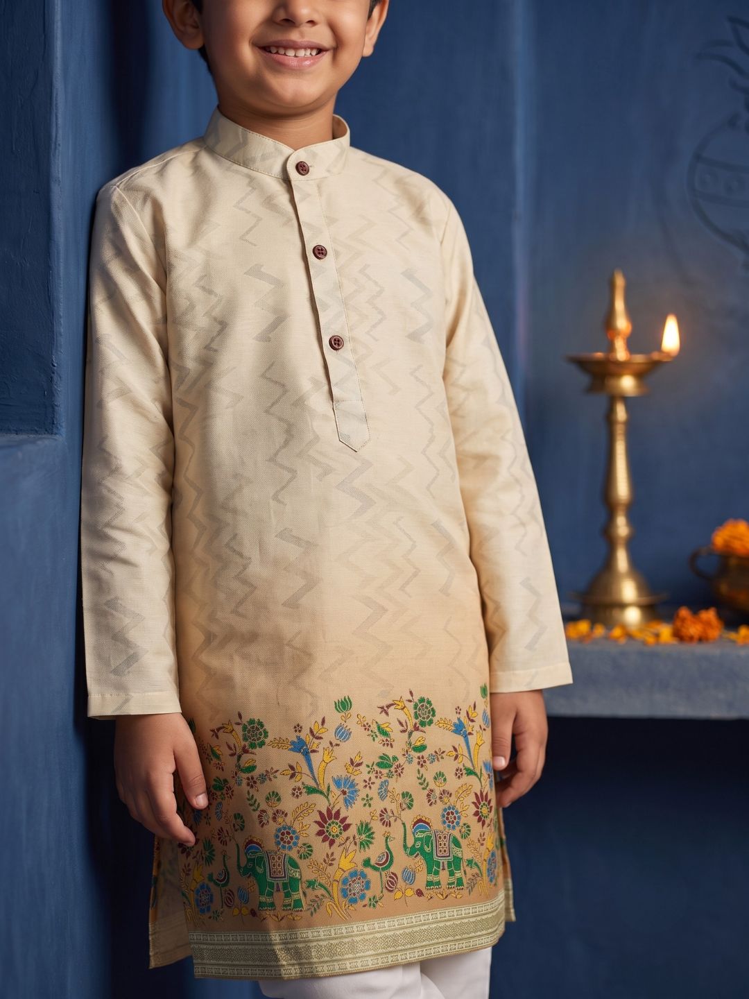 Yellow Elephant Printed Cotton Blend Kurta Pyjama Set For Boys