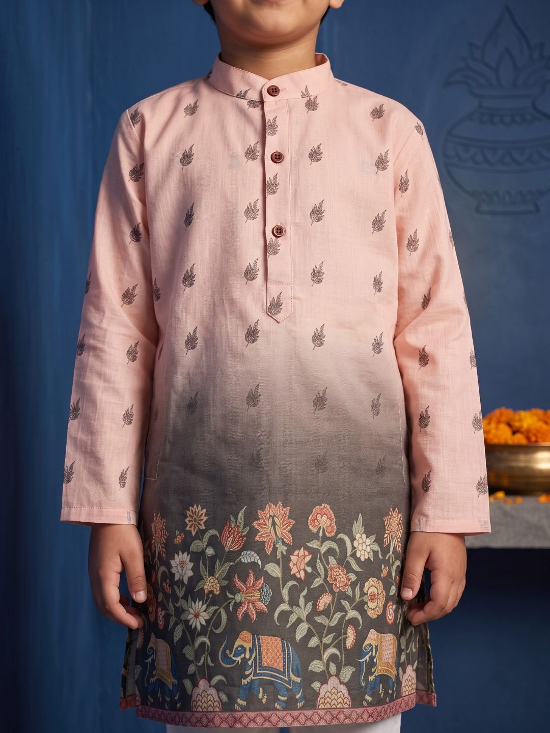 Pink Floral Elephant Printed Cotton Blend Kurta Pyjama Set For Boys