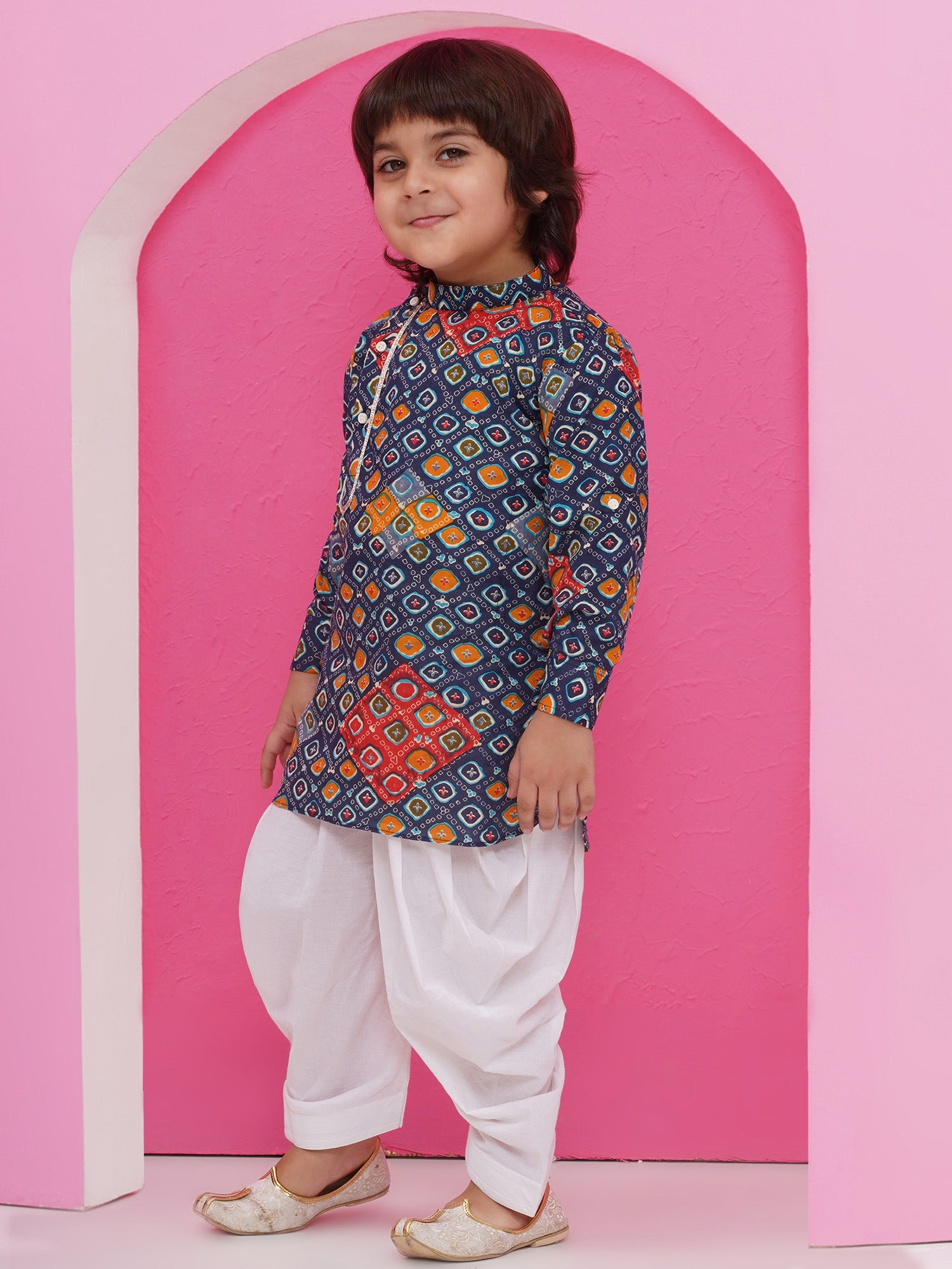 Dark Blue Cotton Full Sleeves Printed Kurta Pyjama Set For Boys - AJ Dezines