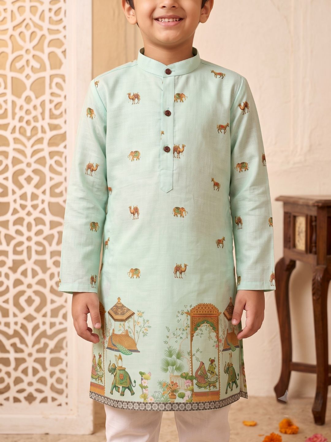 Green Elephant & Traditional Ethnic Print Cotton Blend Kurta Pyjama Set For Boys