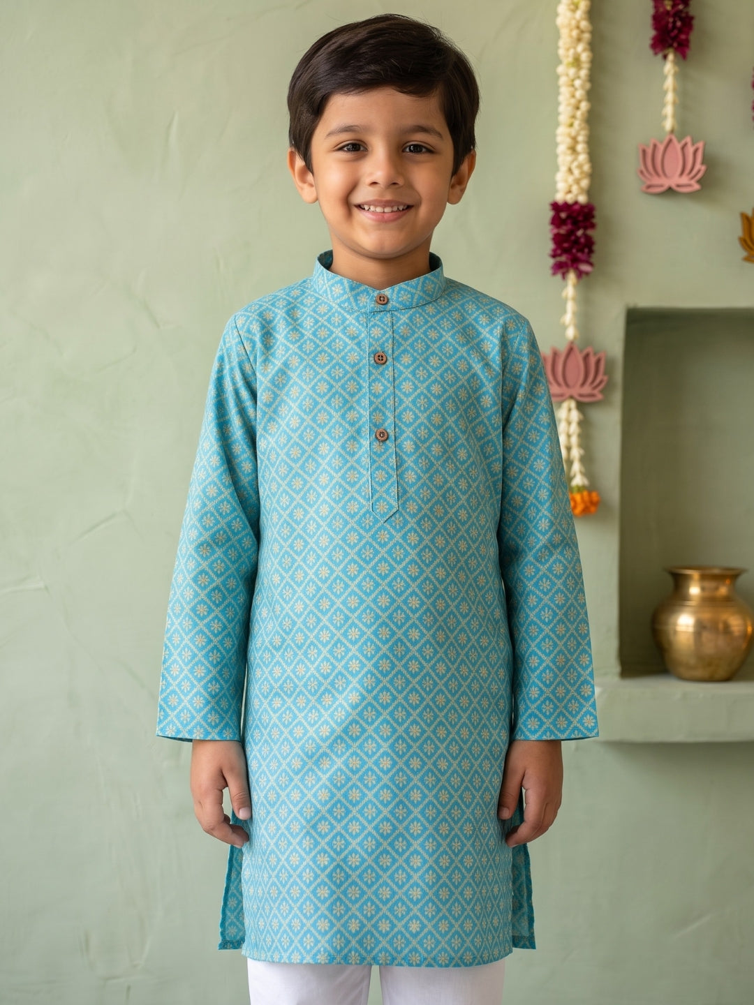 Blue Floral Geometric Print Cotton Blend Kurta Pyjama Set For Boys