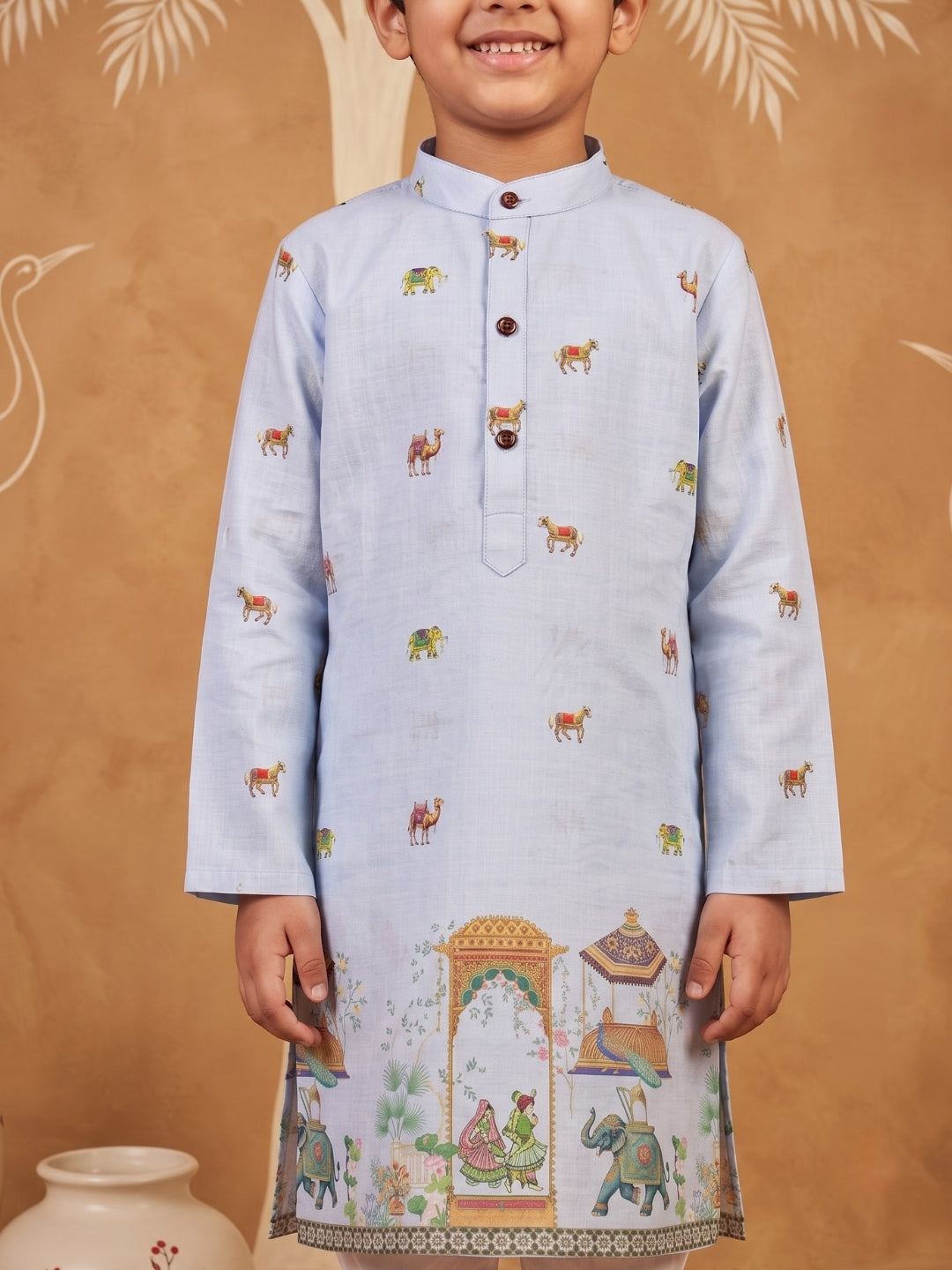 Blue Elephant & Traditional Ethnic Print Cotton Blend Kurta Pyjama Set For Boys