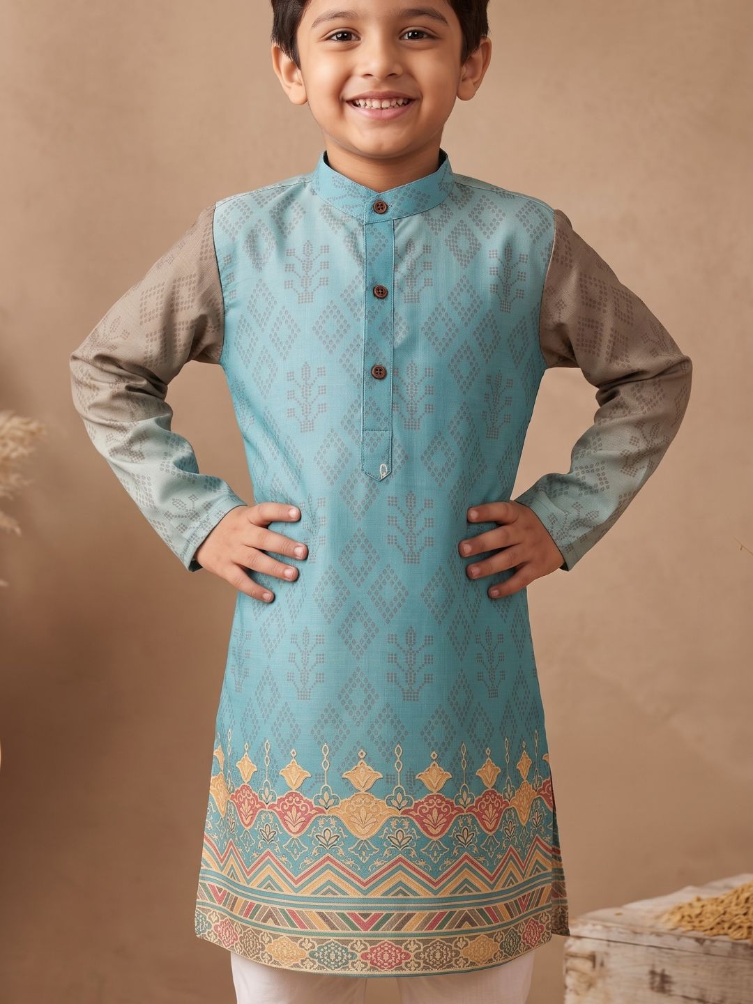 Sky Blue Ethnic Print Cotton Blend Kurta Pyjama Set For Boys