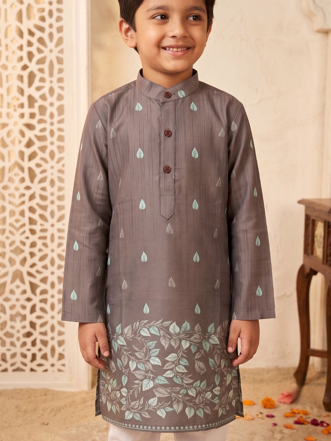 Brown Leaf Print Cotton Blend Kurta Pyjama Set For Boys