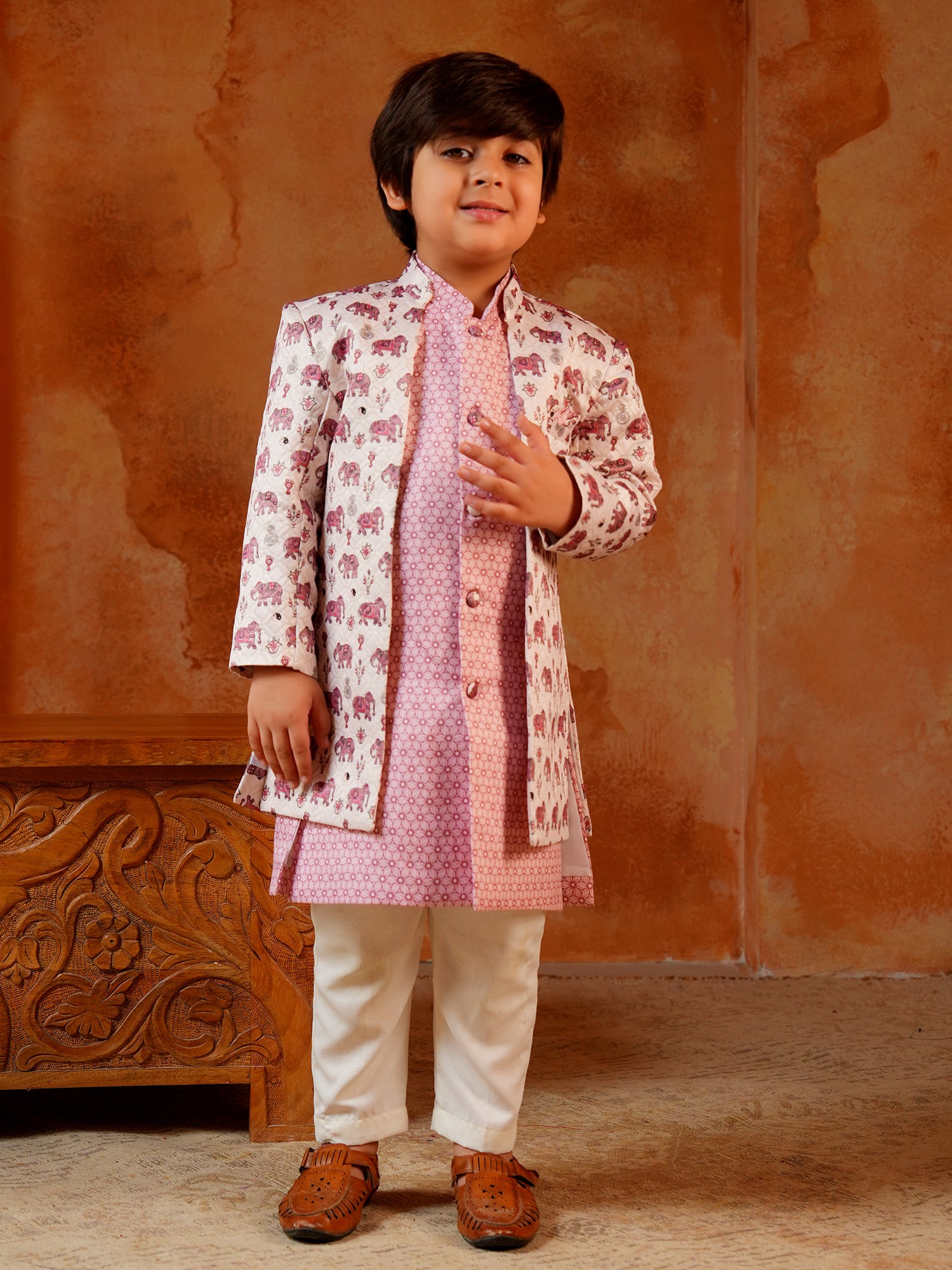 Pink Jacquard Full Sleeves Rich Elephant Embroidery Sherwani