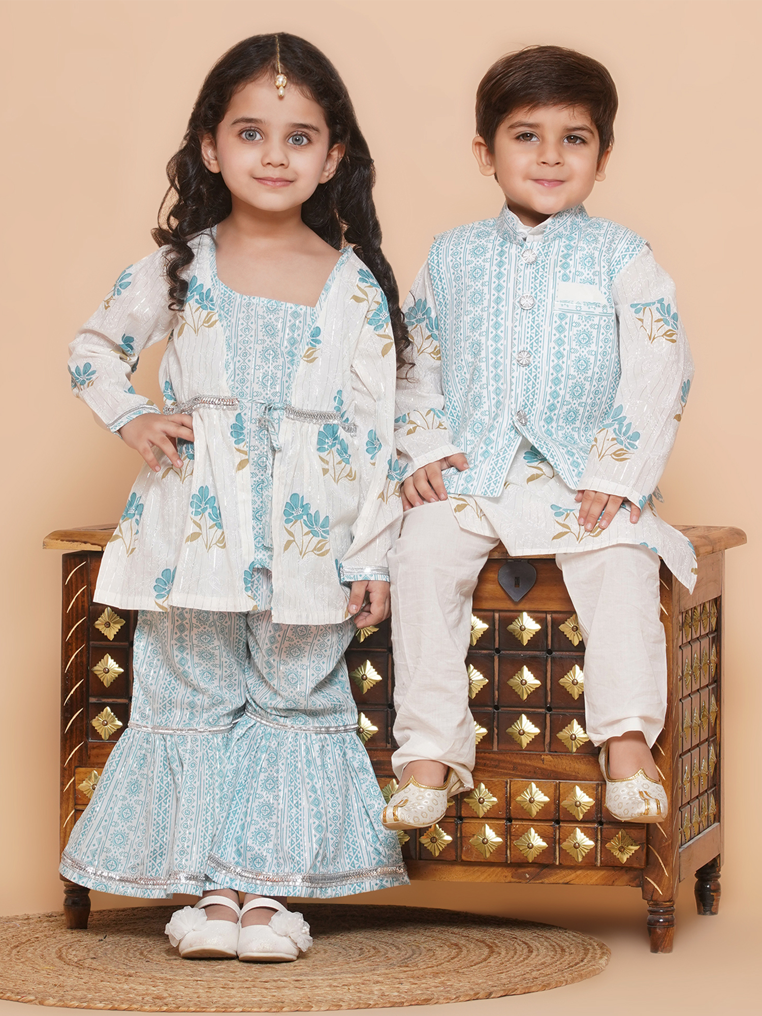 Boys Pure Cotton Kurta Pyjamas and GirlsKurti with Salwar Sibling Sets White - AJ Dezines
