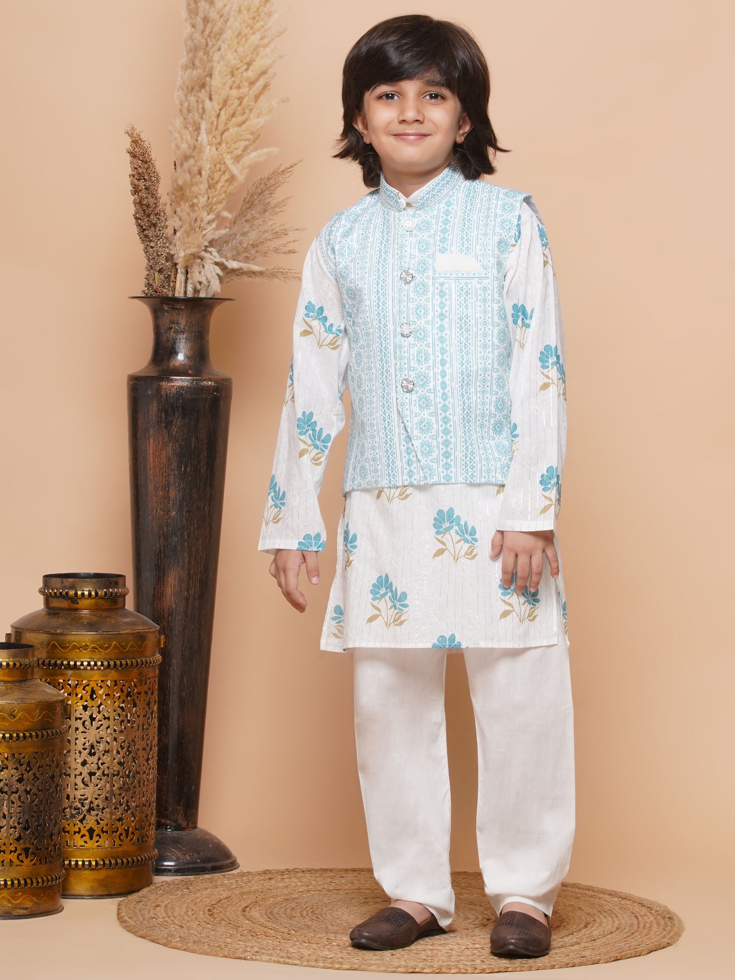 Kids Boys Blue Floral Print Cotton Suit Set - AJ Dezines