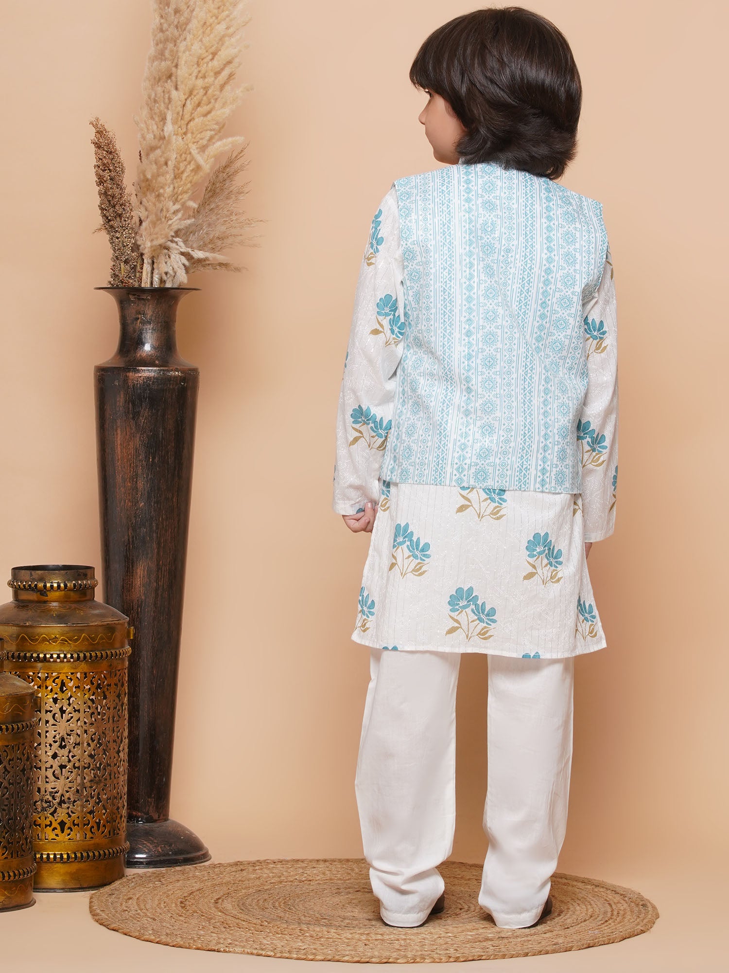 Kids Boys Blue Floral Print Cotton Suit Set - AJ Dezines
