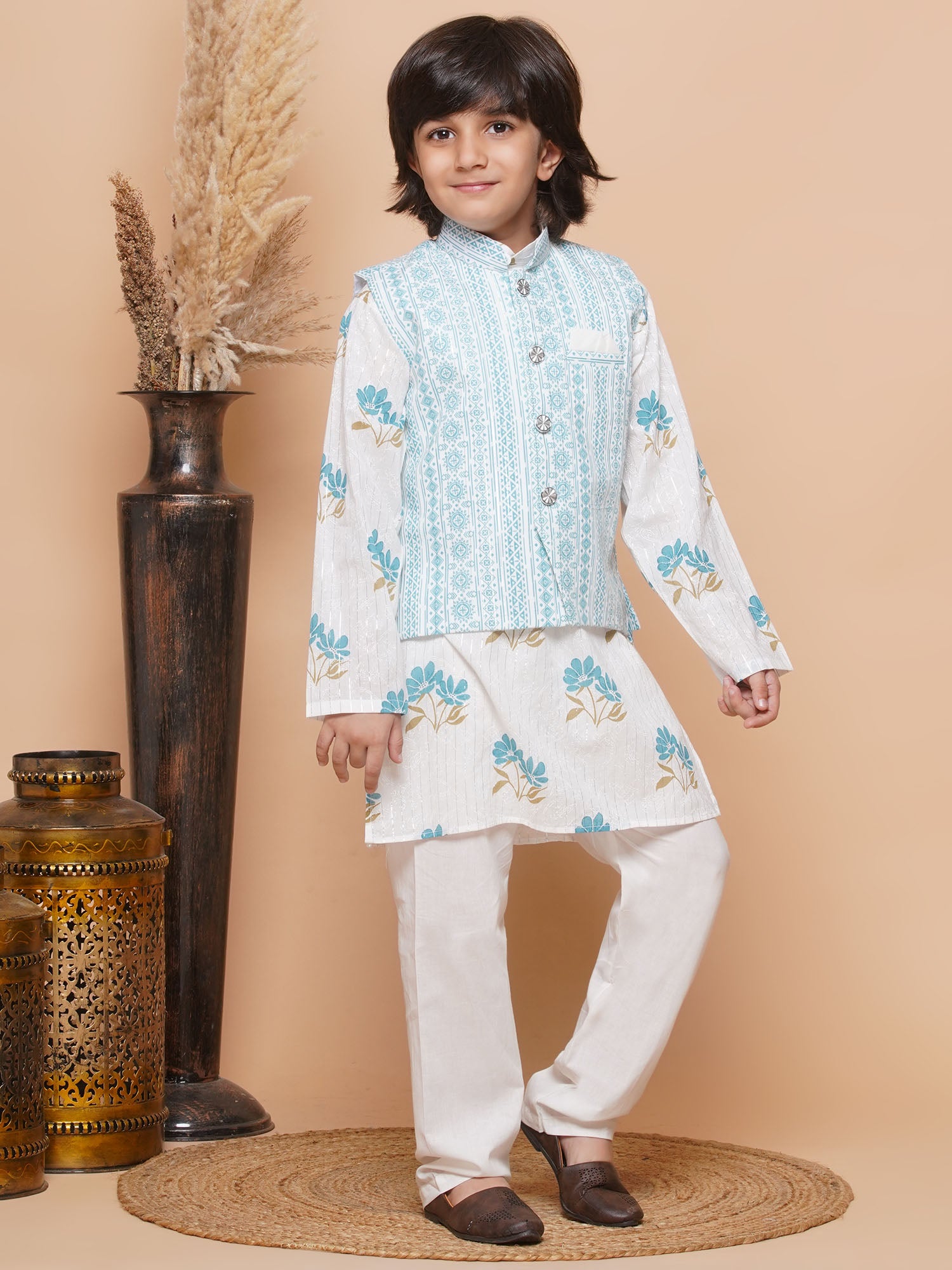 Boys Pure Cotton Kurta Pyjamas and GirlsKurti with Salwar Sibling Sets White - AJ Dezines