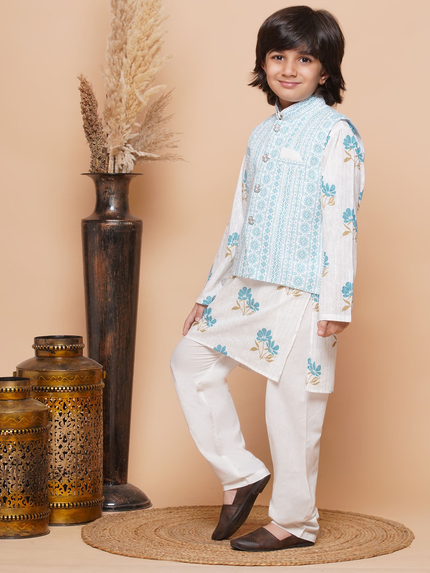 Kids Boys Blue Floral Print Cotton Suit Set - AJ Dezines